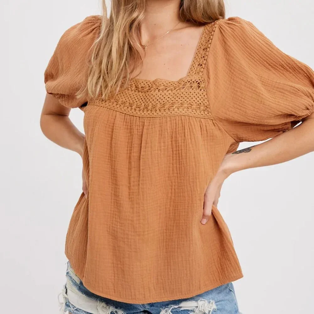 Bluivy Women's S Boho Crochet Lace Puff Sleeves Blouse Square Neck Camel Cotton - Picture 3 of 14